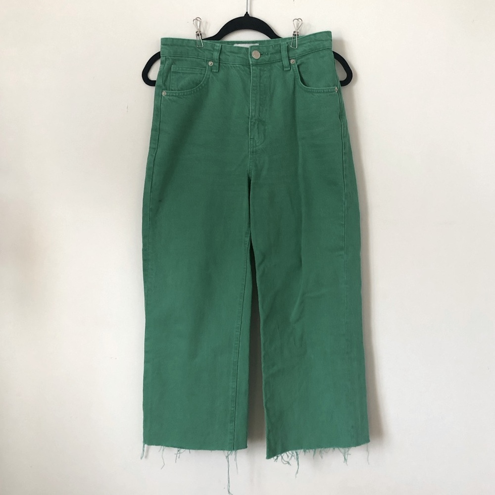 Zara size 4 green teal high waist wide leg raw hem cropped jeans